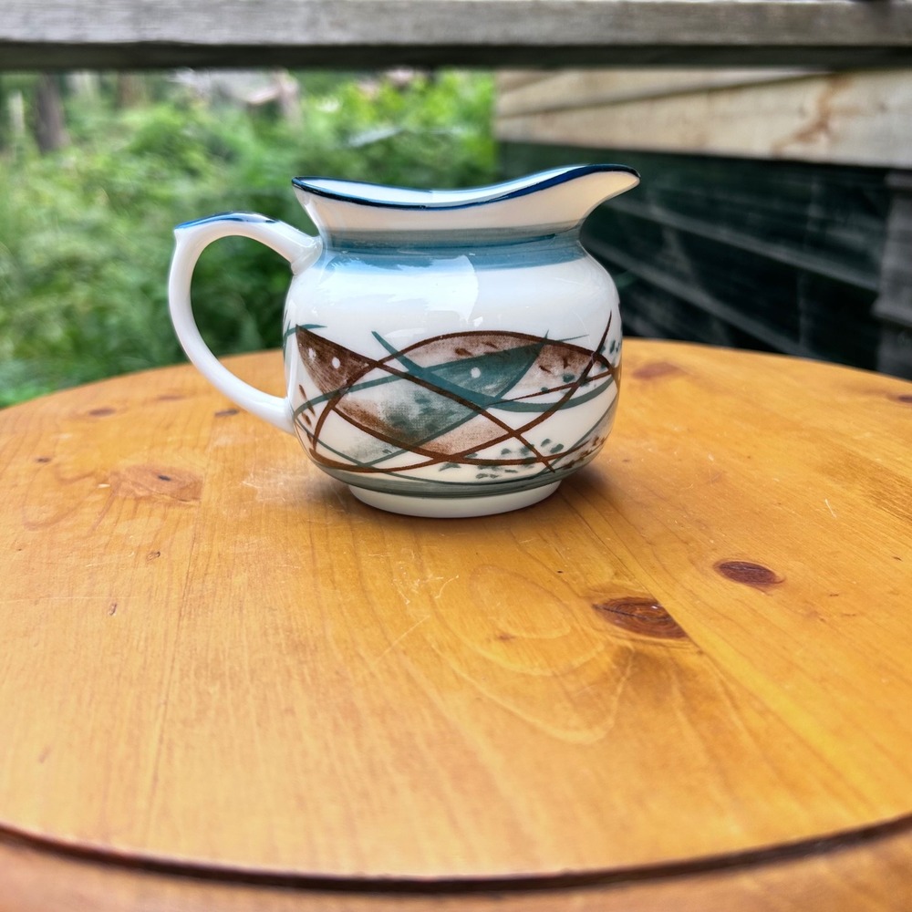 Vintage Abstract Cross Hatch Creamer Pitcher Small Teal Blue JMF Pottery